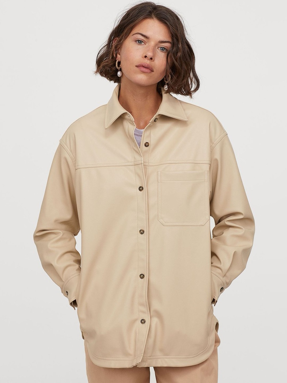 H&M Beige Faux Leather Shirt Jacket XXL Y2K Minimalist Utility Overshirt